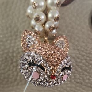 Fox Crystal Pearl Handbag Purse Charm Keychain Zipper Pull